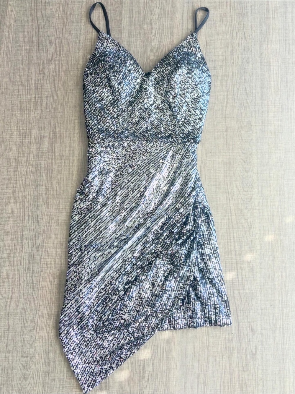 Silver Sequin Asymmetrical Slip Dress with Spaghetti Straps